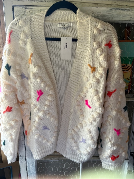 HYFVE Sweaters - HYFVE Cream Chunky Knit Cardigan with Multicolor Embroidered Dots